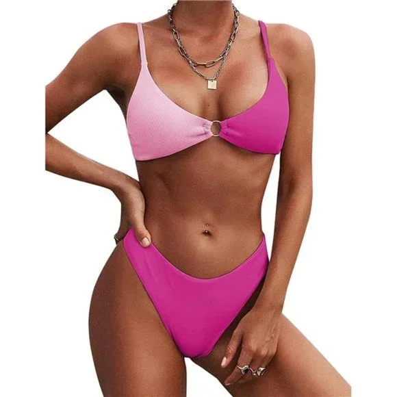 ★ DIAGONAL★ RIBBON SHIRRING BIKINI pink DA242SW01PK Strapless Bandeau High Cut Bikini Set With Tortoise Shell O